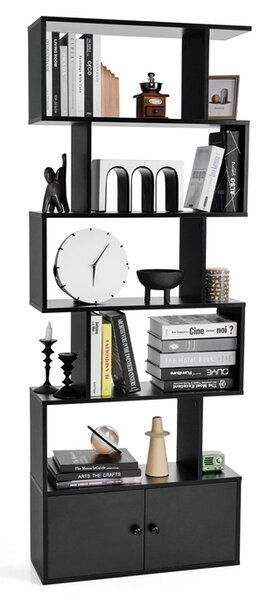 Costway Libreria a forma di S a 5 livelli con ante, Scaffali decorativi in legno per il soggiorno l'ufficio Nero