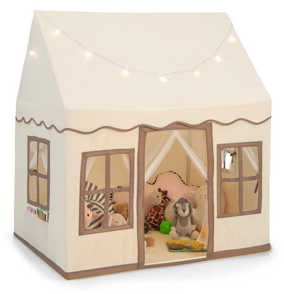 Costway Tenda da gioco per bambini con luci a stella tappetino in velluto lavabile, Casetta per interni ed esterni Marrone