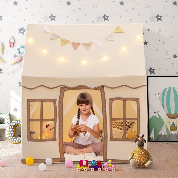 Costway Tenda da gioco per bambini con luci a stella tappetino in velluto lavabile, Casetta per interni ed esterni Marrone