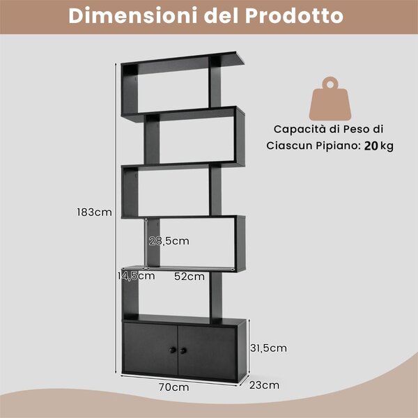 Costway Libreria a forma di S a 5 livelli con ante, Scaffali decorativi in legno per il soggiorno l'ufficio Nero