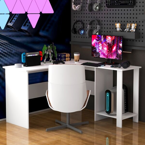Costway Scrivania per computer a forma di L, Scrivania ad angolo con 2 fori per cavi e 2 ripiani supporto per CPU Bianco