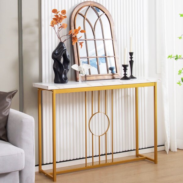 Costway Tavolo console da 120cm con piano effetto marmo e struttura in metallo, Tavolo moderno con cornice dorata Bianco