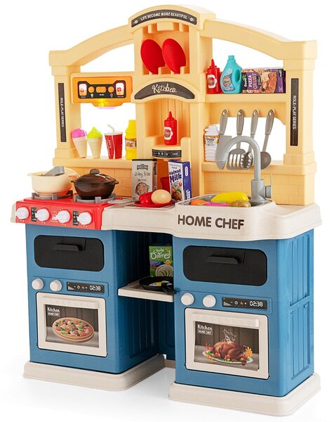 Costway Cucina giocattolo 42 pezzi con effetti vapore e acqua in ebollizione, Cucinetta per bambini 3 anni+ Blu