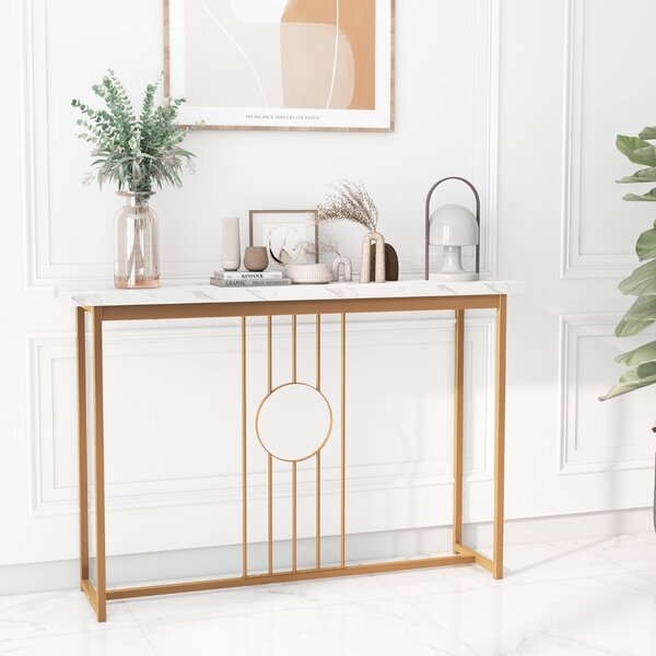 Costway Tavolo console da 120cm con piano effetto marmo e struttura in metallo, Tavolo moderno con cornice dorata Bianco