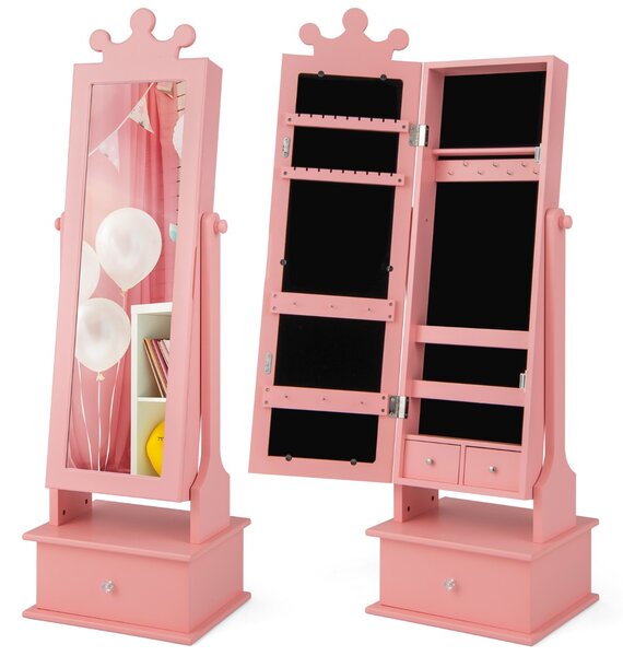 Costway Armadio gioielli per bambini con specchio a tutta lunghezza 3 cassetti angoli regolabili, Specchio da toeletta Rosa