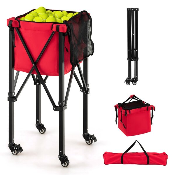 Costway Carrello porta palline da tennis in alluminio con ruote borsa rimovibile, Cesto raccogli palline tennis Rosso
