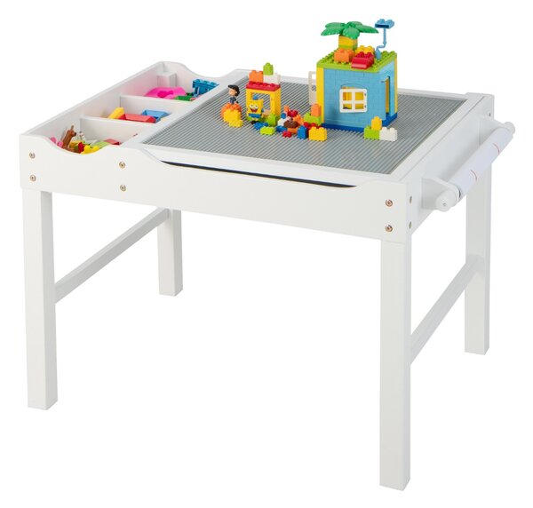 Costway Tavolo multiattività bambini con piano reversibile porta rotolo di carta da disegno, Tavolo costruzioni Bianco