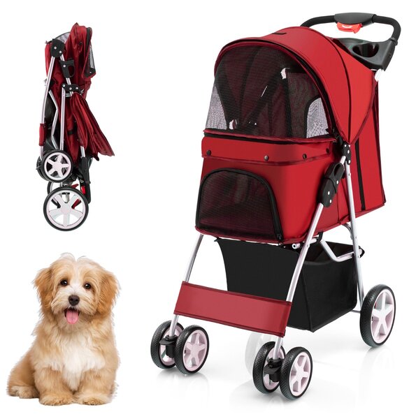 Costway Passeggino per animali domestici a 4 ruote con cestino portaoggetti, Trasportino da viaggio portatile Rosso