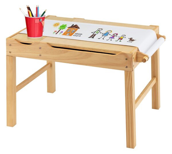 Costway Tavolo multiattività bambini con piano reversibile porta rotolo di carta da disegno, Tavolo costruzioni Naturale
