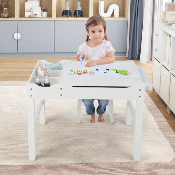 Costway Tavolo multiattività bambini con piano reversibile porta rotolo di carta da disegno, Tavolo costruzioni Bianco
