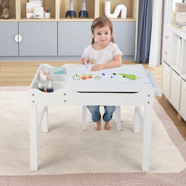 Costway Tavolo multiattività bambini con piano reversibile porta rotolo di carta da disegno, Tavolo costruzioni Bianco