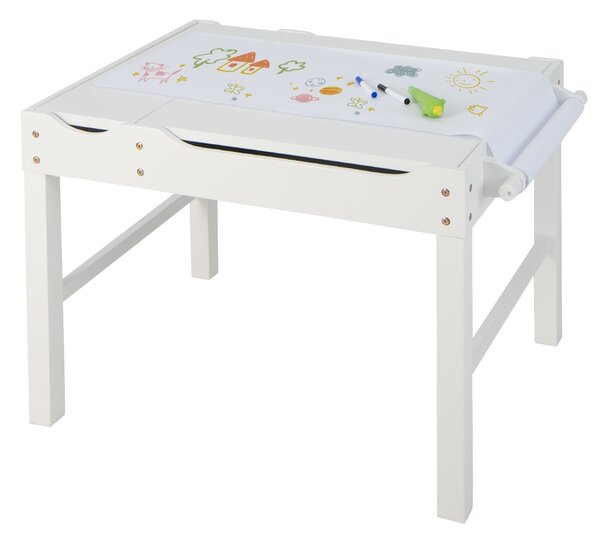 Costway Tavolo multiattività bambini con piano reversibile porta rotolo di carta da disegno, Tavolo costruzioni Bianco