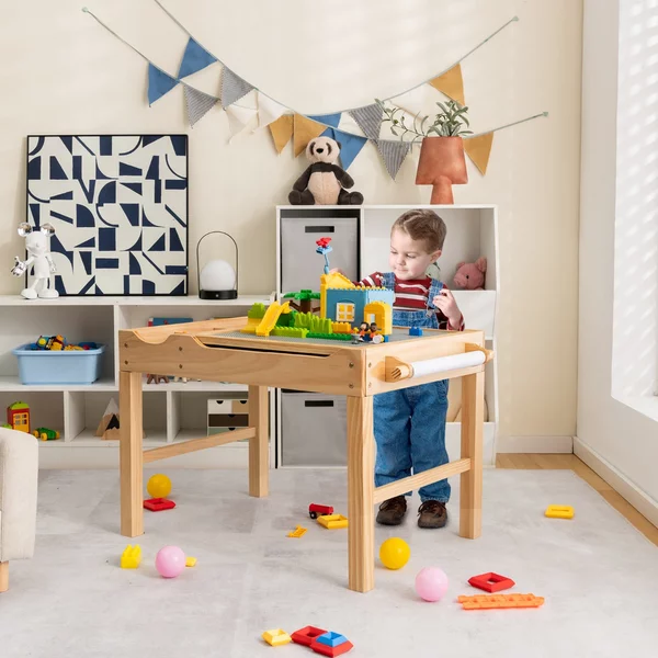 Costway Tavolo multiattività bambini con piano reversibile porta rotolo di carta da disegno, Tavolo costruzioni Naturale