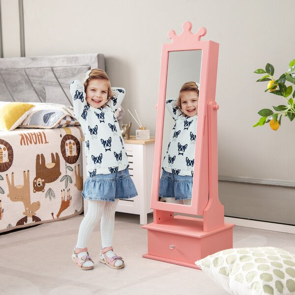 Costway Armadio gioielli per bambini con specchio a tutta lunghezza 3 cassetti angoli regolabili, Specchio da toeletta Rosa