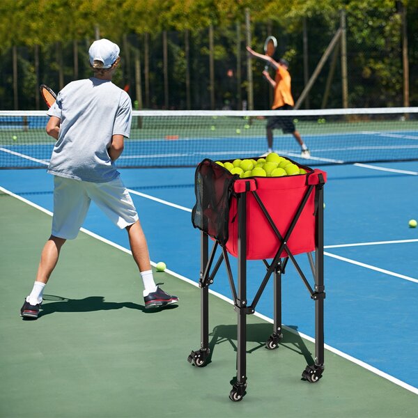 Costway Carrello porta palline da tennis in alluminio con ruote borsa rimovibile, Cesto raccogli palline tennis Rosso