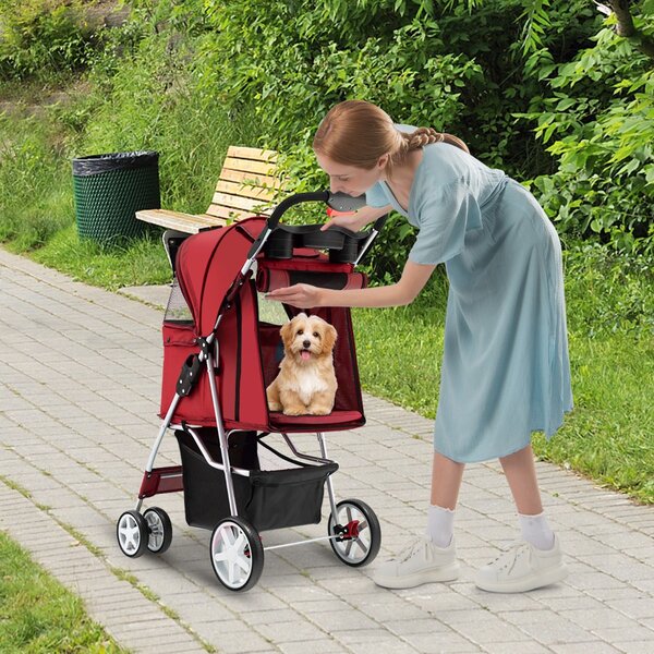 Costway Passeggino per animali domestici a 4 ruote con cestino portaoggetti, Trasportino da viaggio portatile Rosso