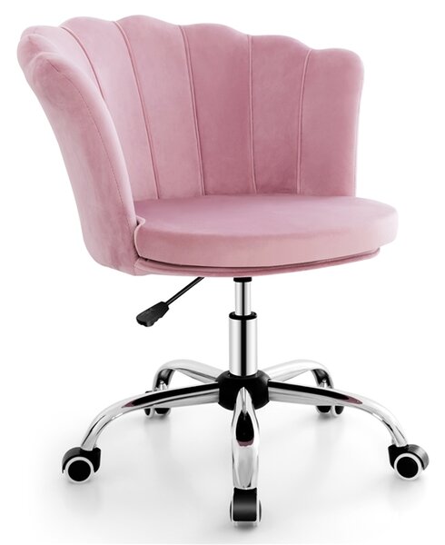 Costway Sedia girevole regolabile con ruote piroettanti e schienale a forma di conchiglia, Poltrona ufficio ergonomica Rosa