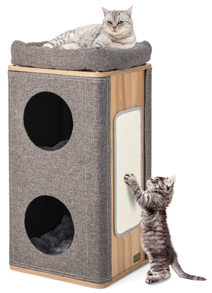 Costway Casetta per gatti a 3 piani con tiragraffi 2 scomparti coperti cuccia 3 materassini, Casa gatti moderna Grigio