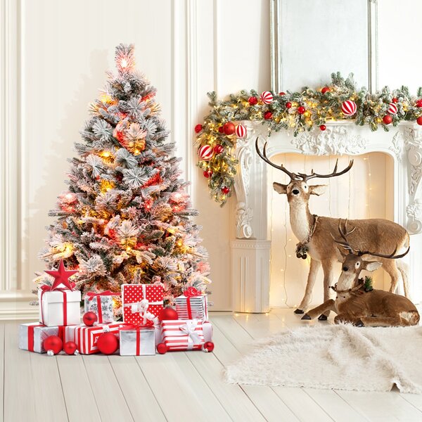 Costway Albero di natale artificiale con rametti di PE PVC luci LED 8 modalità di illuminazione, Albero decorativo da 136cm