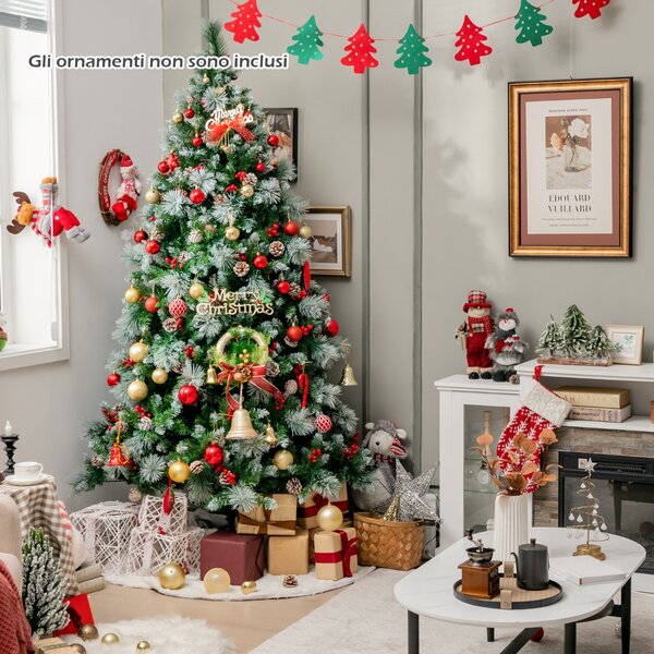 Costway Albero di Natale pre-illuminato con aghi di pino luci led, Albero di natale artificiale incernierato da 215cm