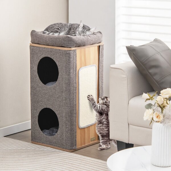 Costway Casetta per gatti a 3 piani con tiragraffi 2 scomparti coperti cuccia 3 materassini, Casa gatti moderna Grigio