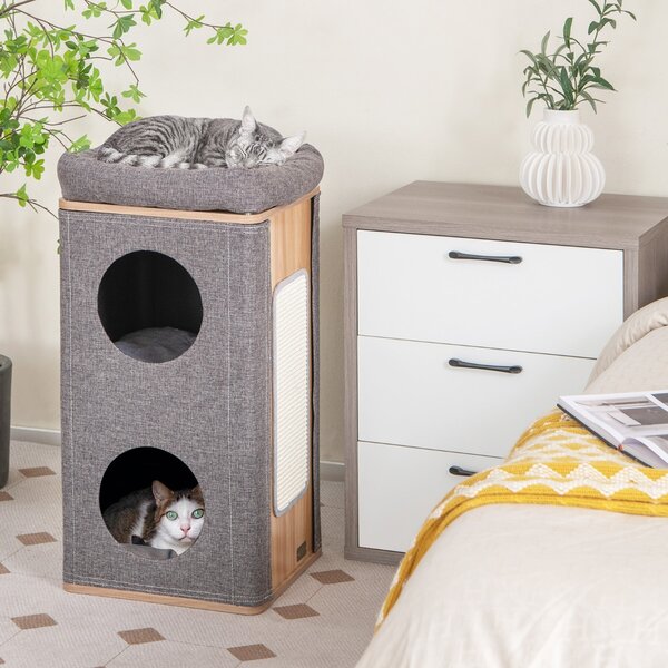 Costway Casetta per gatti a 3 piani con tiragraffi 2 scomparti coperti cuccia 3 materassini, Casa gatti moderna Grigio