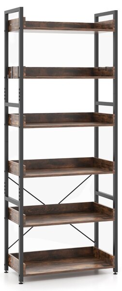 Costway Scaffale a 6 ripiani alta 177cm con ripiani aperti 4 ganci telaio in metallo, Libreria industriale d'angolo Marrone