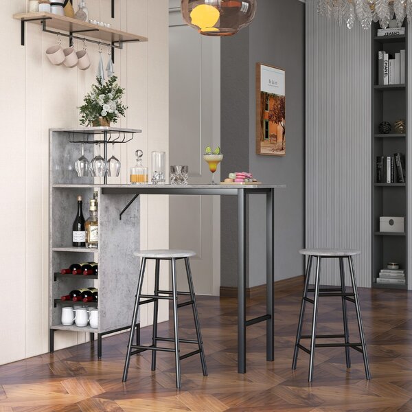 Costway Set di tavolo sedie da bar con porta calici 6 portabottiglie da vino, Tavolo sgabelli da pub industriale Grigio