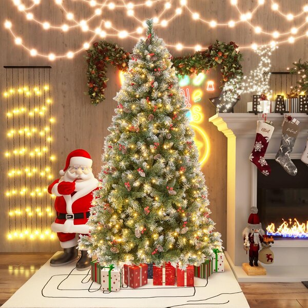 Costway Albero di Natale pre-illuminato da 195cm, Albero artificiale con cerniere luci LED 8 modalità di illuminazione