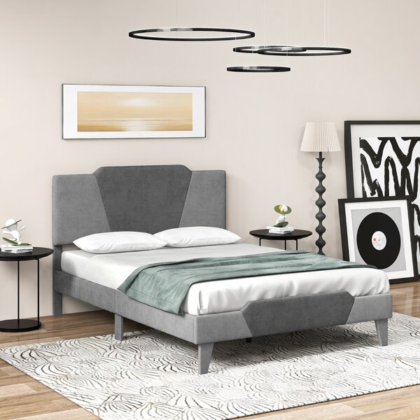 Costway Letto matrimoniale con struttura imbottita testiera doghe in legno massello, Base per materasso 140x200cm Grigio