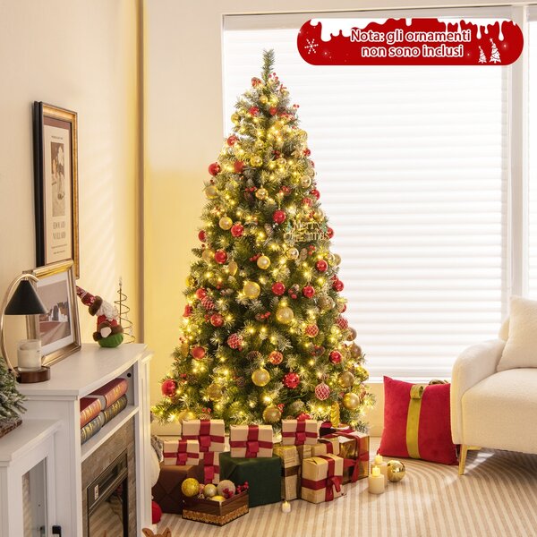 Costway Albero di Natale pre-illuminato da 195cm, Albero artificiale con cerniere luci LED 8 modalità di illuminazione