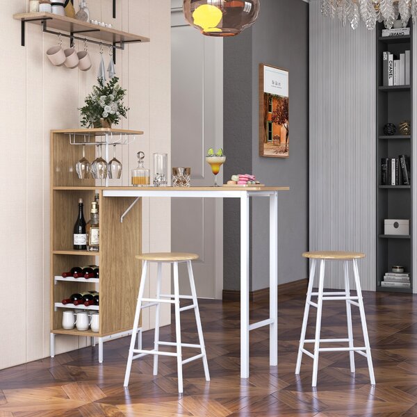Costway Set di tavolo sedie da bar con porta calici 6 portabottiglie da vino, Tavolo sgabelli da pub industriale Naturale