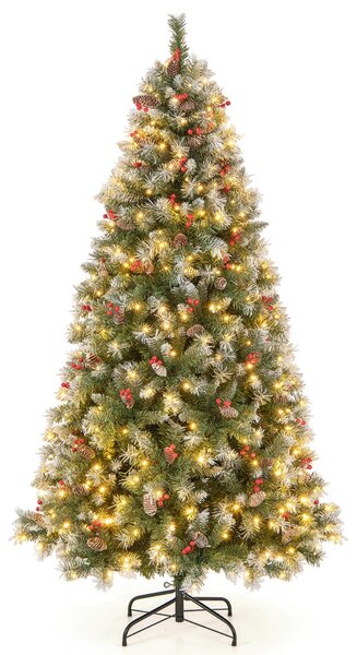 Costway Albero di Natale pre-illuminato da 195cm, Albero artificiale con cerniere luci LED 8 modalità di illuminazione