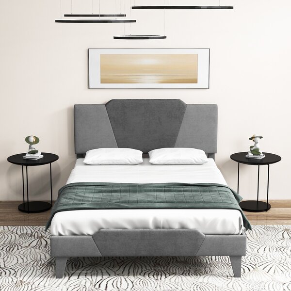 Costway Letto matrimoniale con struttura imbottita testiera doghe in legno massello, Base per materasso 140x200cm Grigio