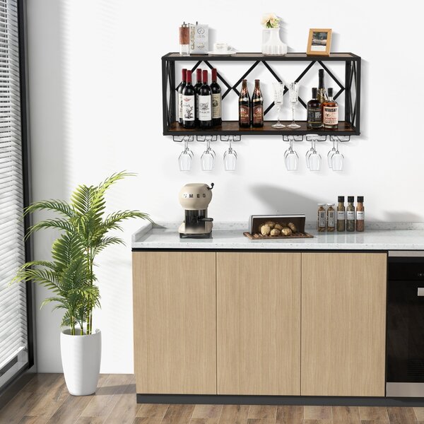Costway Portabottiglie da parete per conservare 39 bottiglie 12 bicchieri, Scaffale per esposizione di vino 100x25x45cm