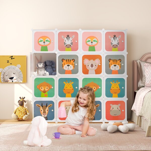 Costway Armadio per bambini portatile 8 cubi con barra appendiabiti, Armadio bambini mobile motivi adorabili per cameretta Bianco
