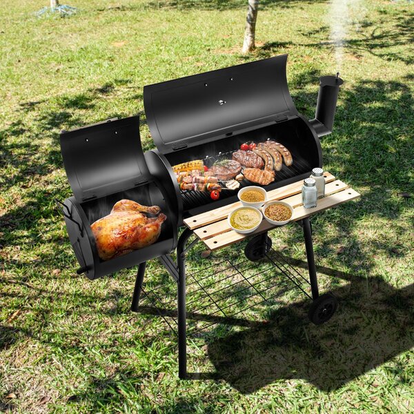 Costway Barbecue a carbone con fumatore a offset, Cuoco per carne da barbecue con cassetto per fuoco laterale 115x65x108cm