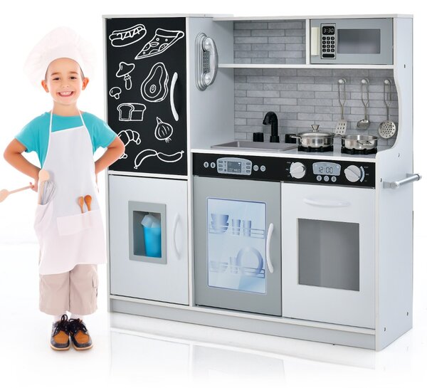 Costway Set cucina per bambini con lavagna telefono microonde fabbricatore di ghiaccio, Cucina gioco finta in legno Bianco