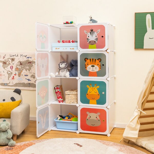 Costway Armadio per bambini portatile 8 cubi con barra appendiabiti, Armadio bambini mobile motivi adorabili per cameretta Bianco