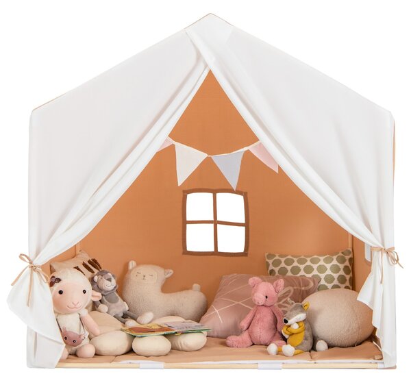 Costway Tenda gioco per bambini con tappetino lavabile e bandiera, Tenda con finestre struttura in legno Marrone