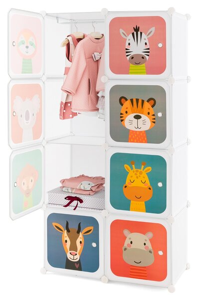 Costway Armadio per bambini portatile 8 cubi con barra appendiabiti, Armadio bambini mobile motivi adorabili per cameretta Bianco