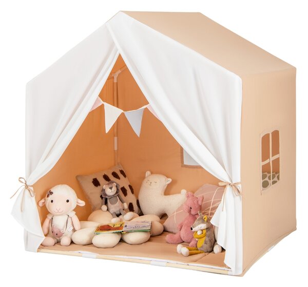 Costway Tenda gioco per bambini con tappetino lavabile e bandiera, Tenda con finestre struttura in legno Marrone