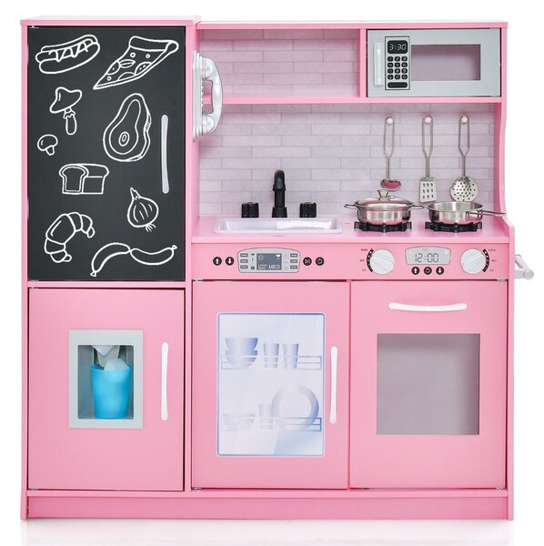 Costway Set cucina per bambini con lavagna telefono microonde fabbricatore di ghiaccio, Cucina gioco finta in legno Rosa