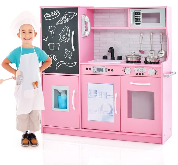Costway Set cucina per bambini con lavagna telefono microonde fabbricatore di ghiaccio, Cucina gioco finta in legno Rosa