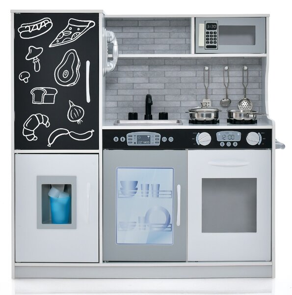 Costway Set cucina per bambini con lavagna telefono microonde fabbricatore di ghiaccio, Cucina gioco finta in legno Bianco