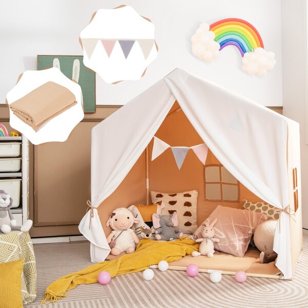 Costway Tenda gioco per bambini con tappetino lavabile e bandiera, Tenda con finestre struttura in legno Marrone