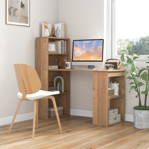 Costway Scrivania per computer da 122cm con libreria, Postazione di studio moderna compatta con 6 ripiani Naturale