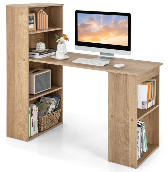 Costway Scrivania per computer da 122cm con libreria, Postazione di studio moderna compatta con 6 ripiani Naturale