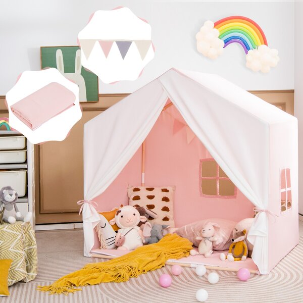 Costway Tenda gioco per bambini con tappetino lavabile e bandiera, Tenda con finestre struttura in legno Rosa