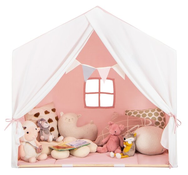 Costway Tenda gioco per bambini con tappetino lavabile e bandiera, Tenda con finestre struttura in legno Rosa